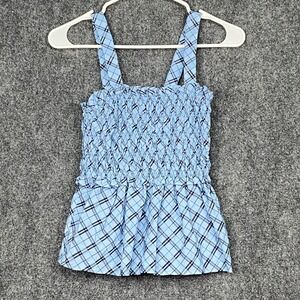 J.Crew Smocked Tank Top Plaid Sleeveless Blue Small Summer Casual Preppy NWT $80